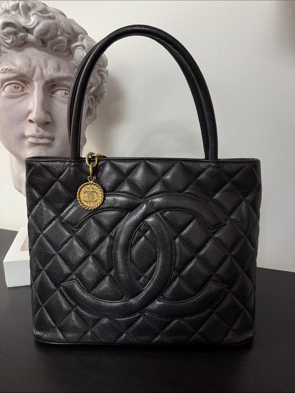 CHANEL Black Quilted Caviar Tote 7-Series with Gold Charm